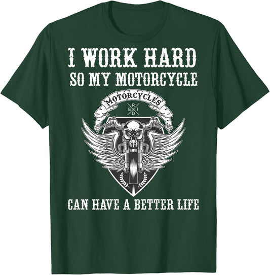 Work Hard Funny Motorcycle Quote Skull Angel Wings - on Back T-Shirt - T-Shirt | Forest