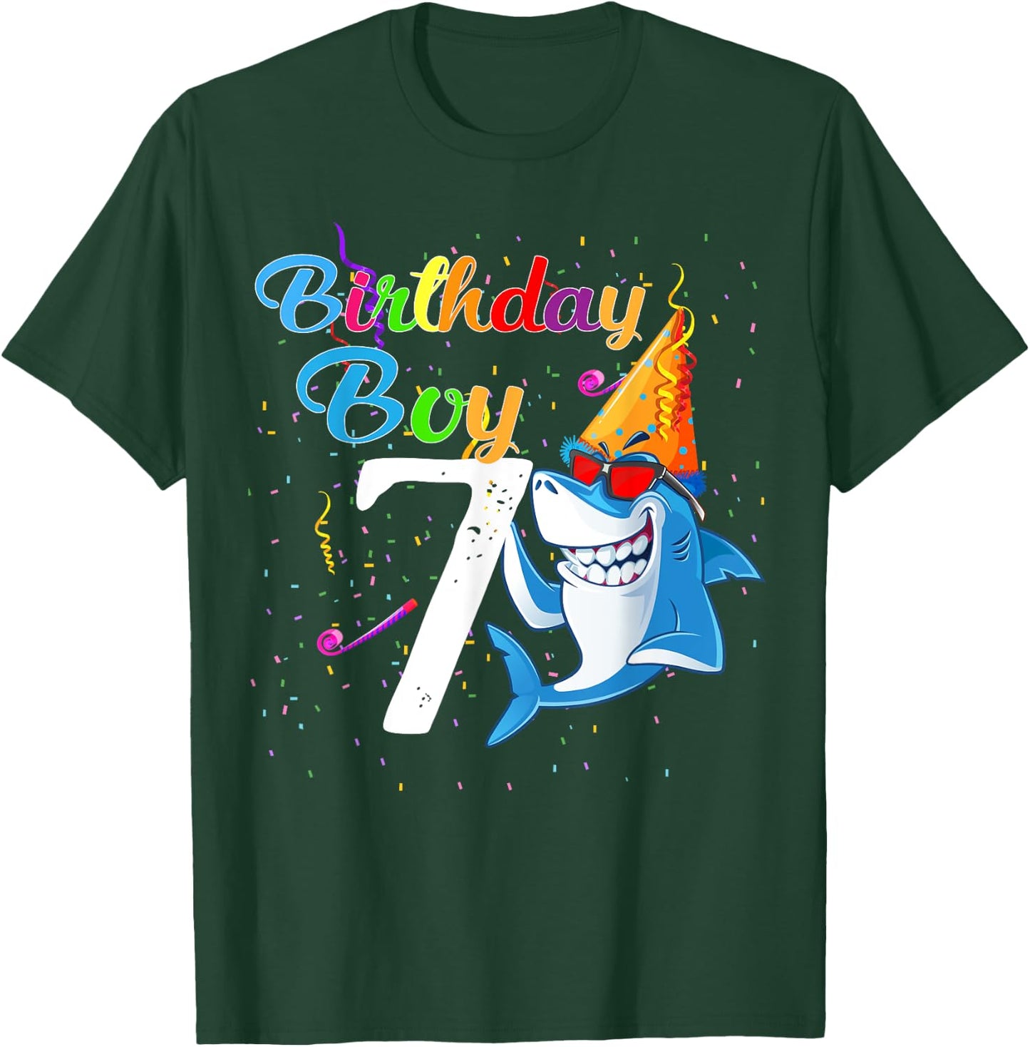 7th Birthday Boy Shark - 7 Year Old Boy Birthday T-Shirt - T-Shirt | Forest
