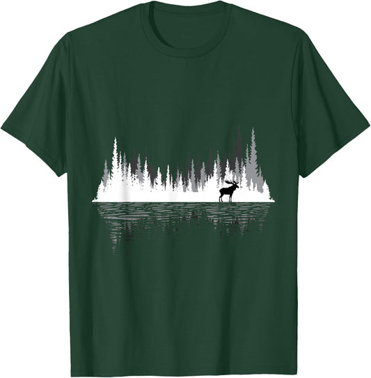 Trees Reflection Wildlife Animal Moose Researcher Hunter T-Shirt - T-Shirt | Forest