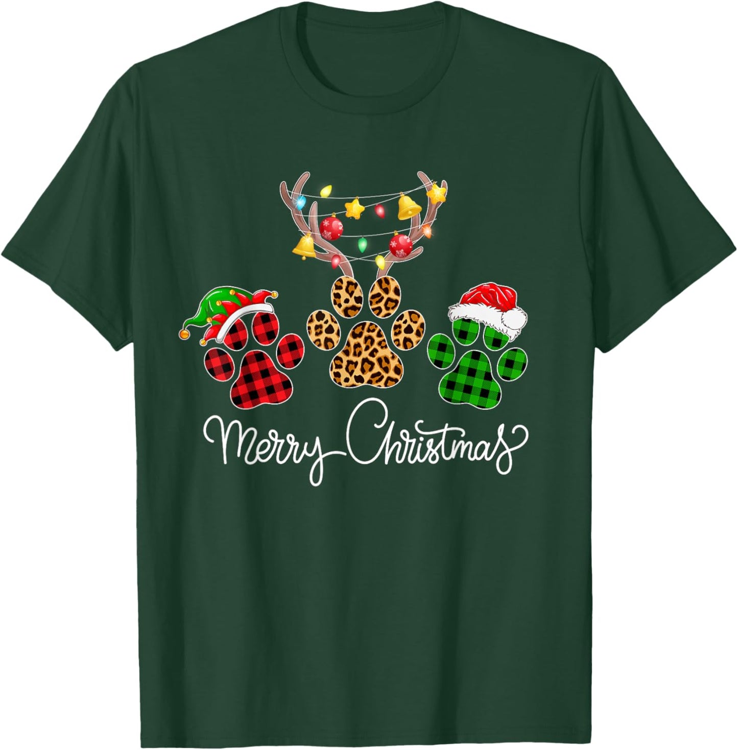 Merry Christmas Dog Paws Lights Buffalo Plaid & Leopard Xmas Men Women Kids T-Shirt - T-Shirt | Forest