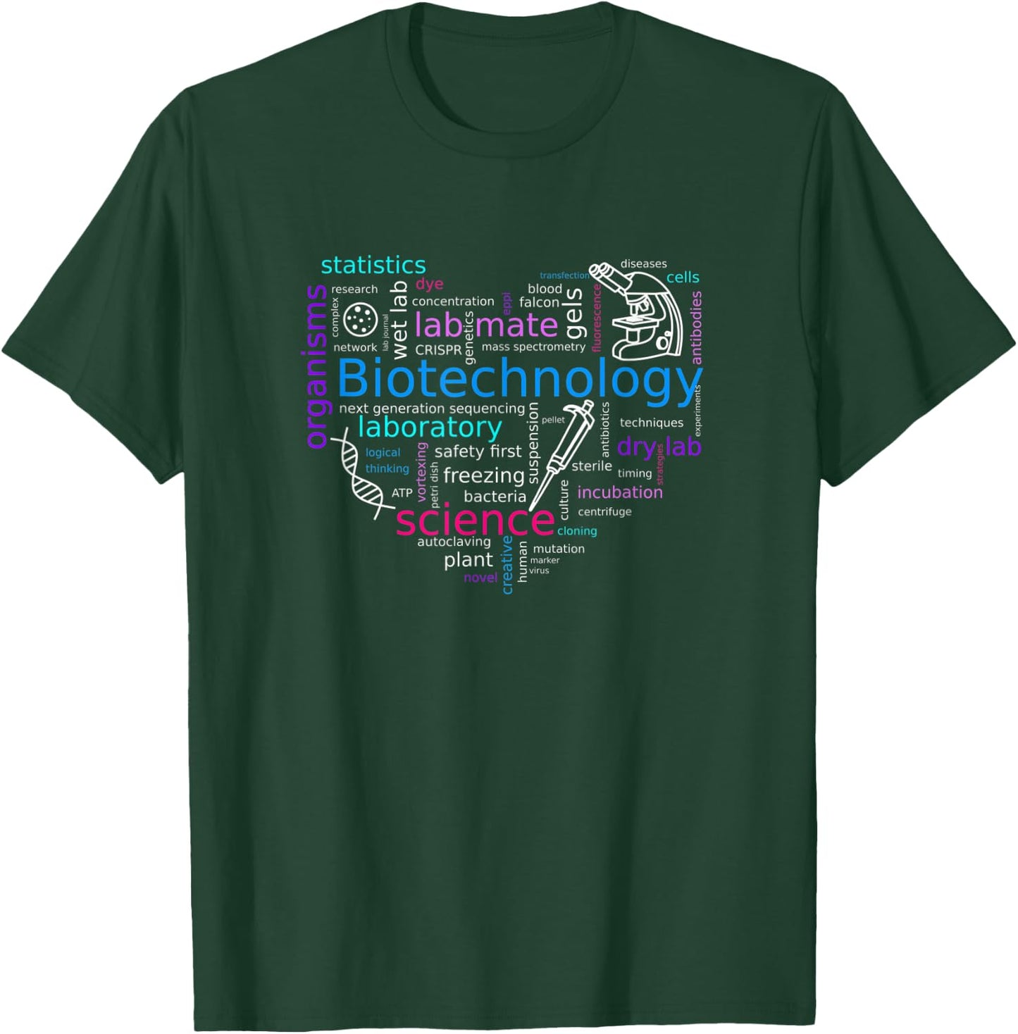 Word cloud biotech with microscope, pipette and dna T-Shirt - T-Shirt | Forest