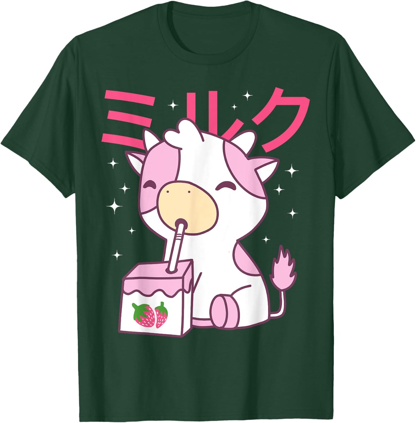 Strawberry Milk Drinking Cute Kawaii Cow T-Shirt - T-Shirt | Forest