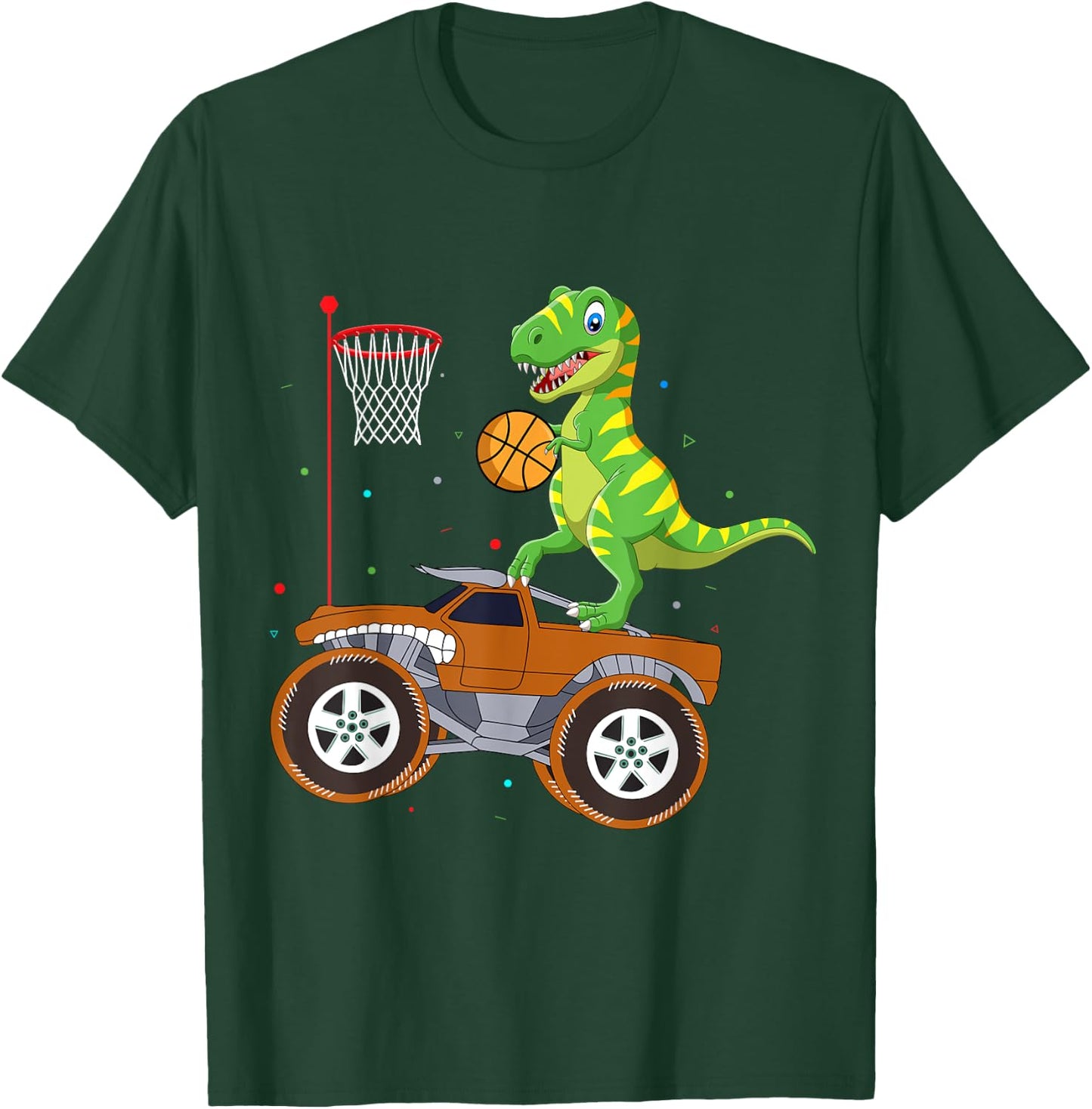 T Rex Dinosaur Playing Basketball Monster Truck Boys Girls T-Shirt - T-Shirt | Forest
