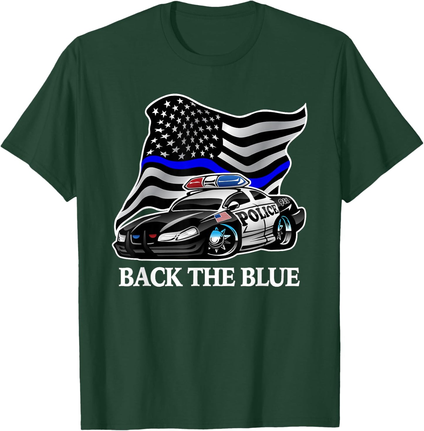 Back The Blue Flag with Police Car Cartoon T-Shirt - T-Shirt | Forest