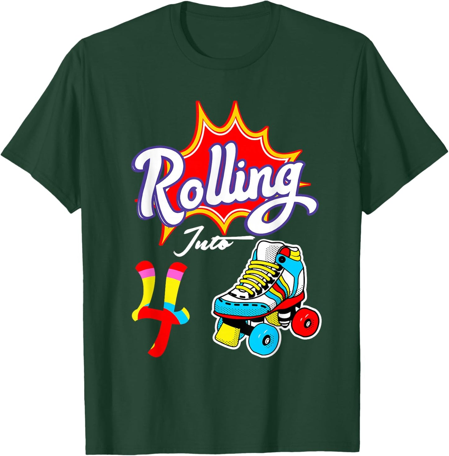 4th Birthday Rolling Into 4 Years Old Funny Roller Skate T-Shirt - T-Shirt | Forest