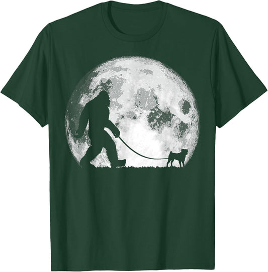 Bigfoot & Pug Funny Night Time Dog Walking Graphic Women T-Shirt - T-Shirt | Forest