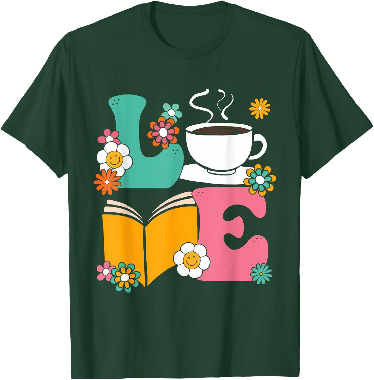 Love Coffee And Book Librarian Bookworm Book Reading T-Shirt - T-Shirt | Forest