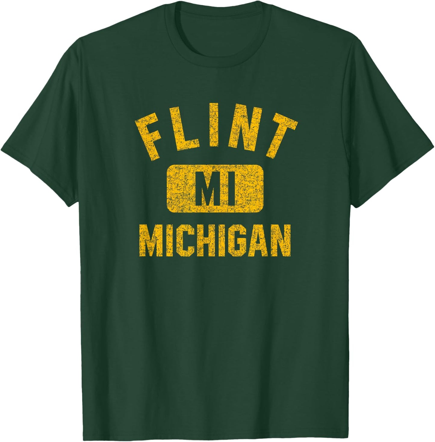 Flint Michigan Gym Style Distressed Amber Print T-Shirt - T-Shirt | Forest