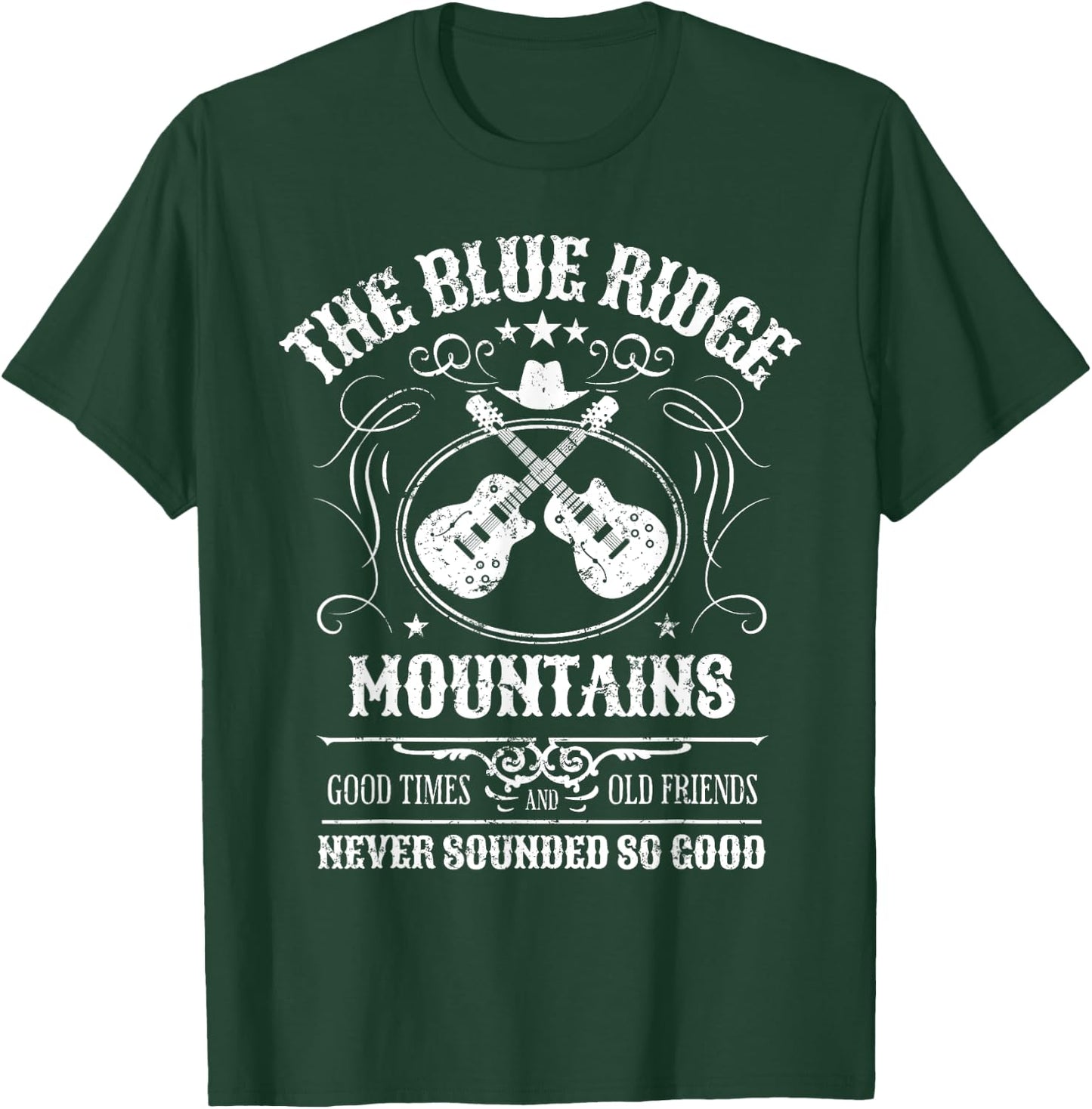 Blue Ridge Mountains with Guitars Vintage Distressed Design T-Shirt - T-Shirt | Forest