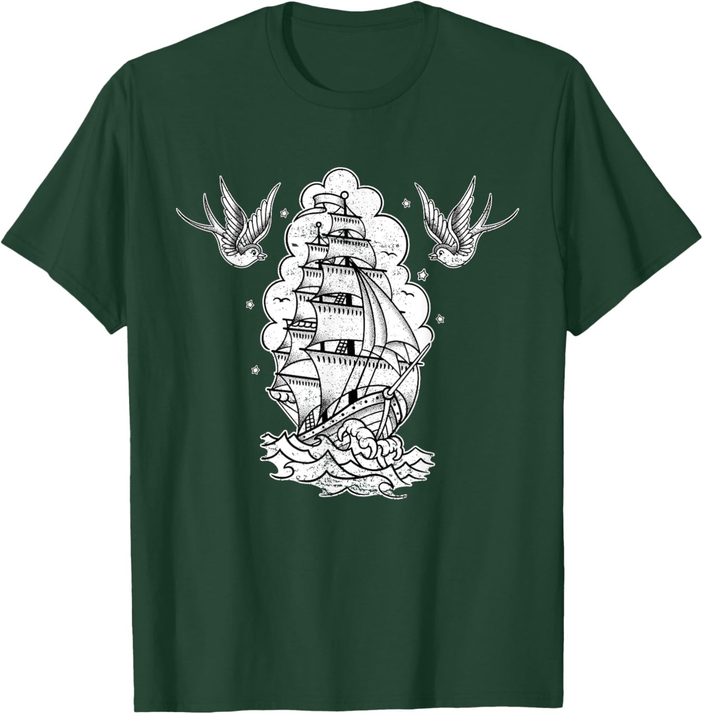 Old School Sailor Tattoo Clipper Ship and Swallows T-Shirt - T-Shirt | Forest