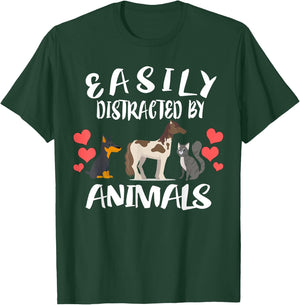 Easily Distracted By Animals Cat Horse Dog Men Women Girls Kids T-Shirt - T-Shirt | Forest