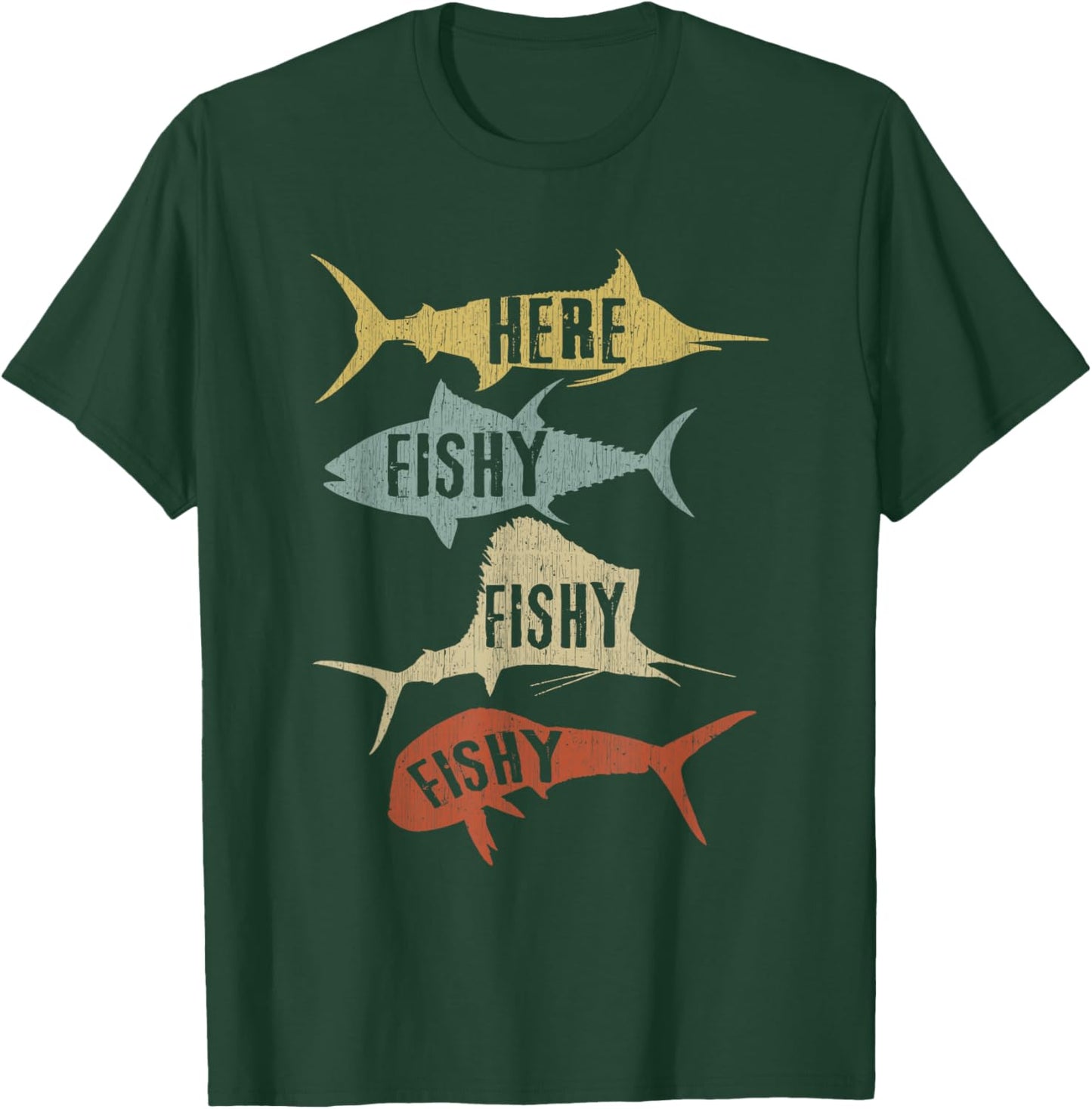 Salt Water Fishing Gift Ideas Funny Vintage Here Fishy-Fishy - Men's Black Cotton Polyester Short Sleeve - Small T-Shirt - T-Shirt | Forest