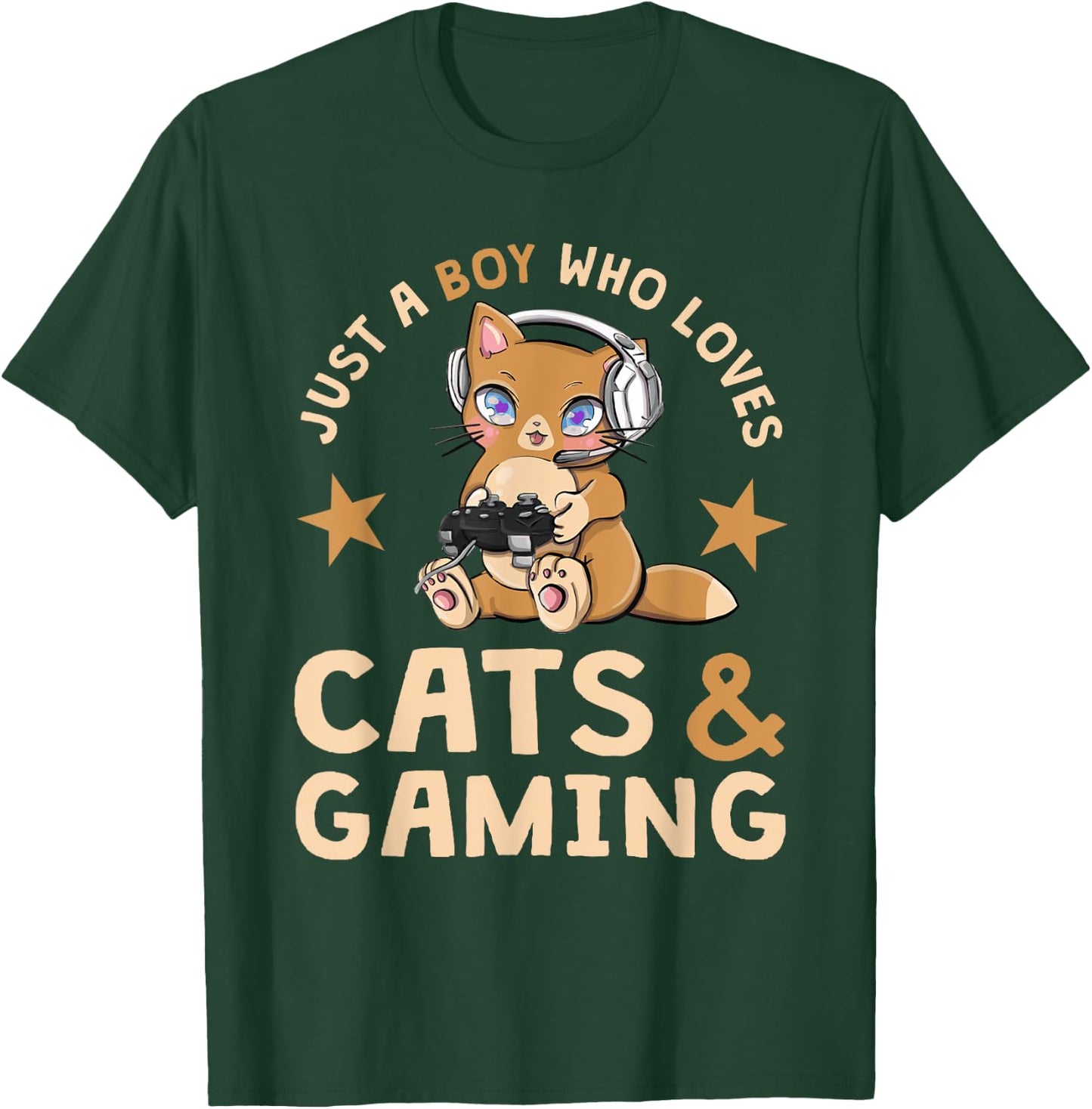 Just A Boy Who Loves Cats And Gaming Cute Gamer Cat T-Shirt - T-Shirt | Forest