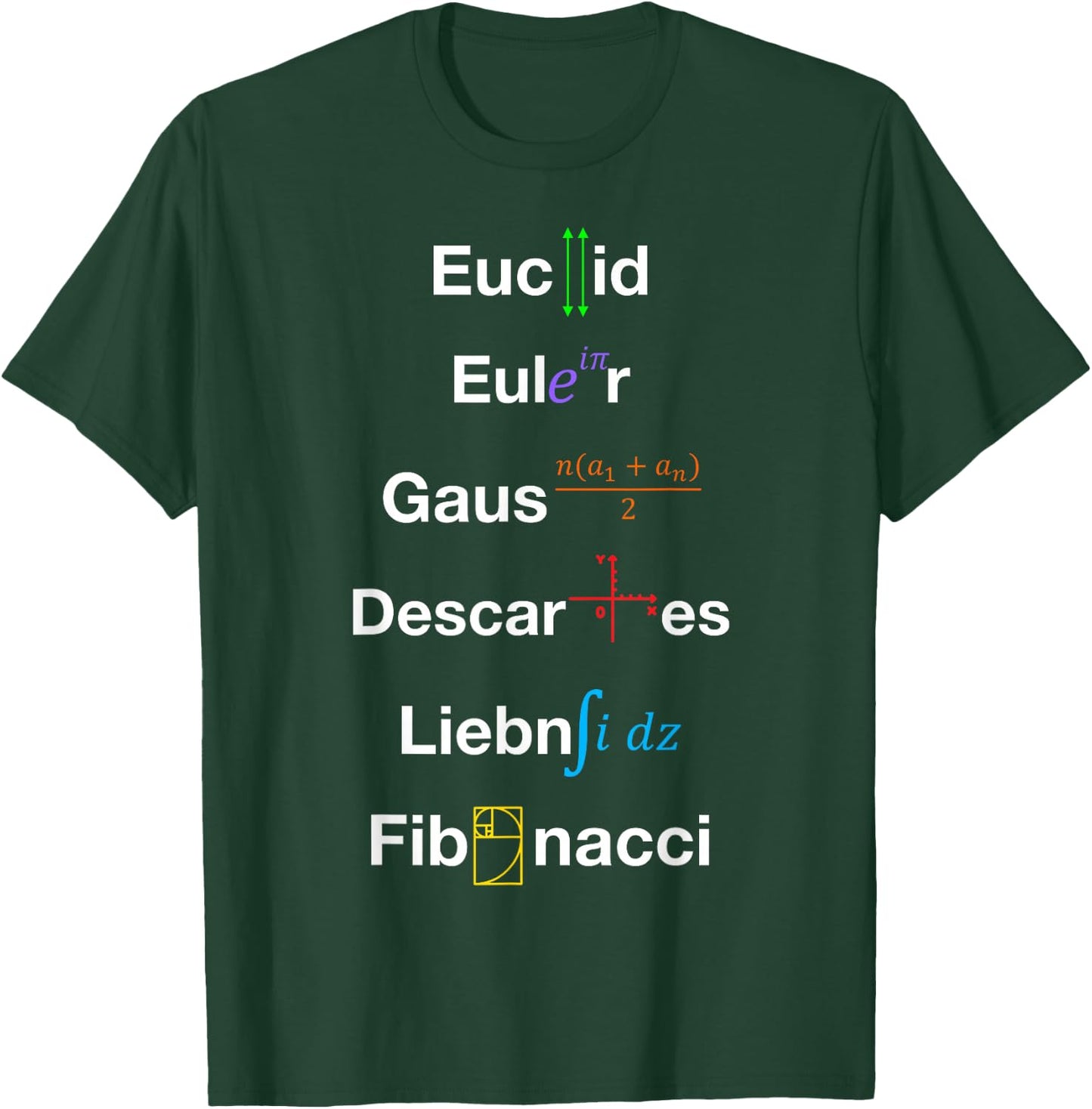 Nerdy Euclid Euler Gauss Descartes Leibniz Fibonacci Math T-Shirt - T-Shirt | Forest