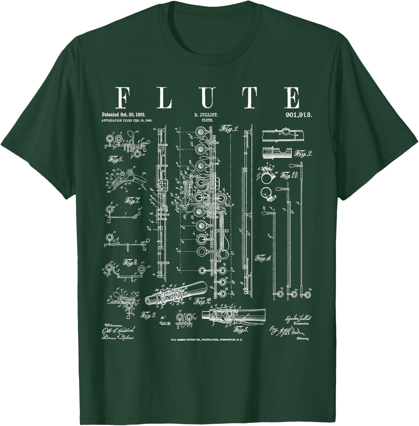 Flute Vintage Patent Flutist Flautist Drawing Print T-Shirt - T-Shirt | Forest