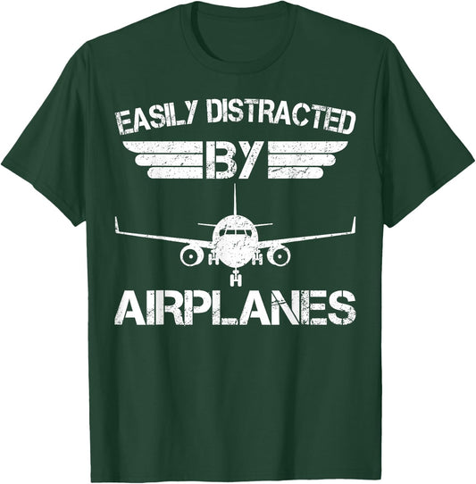 Easily Distracted by Airplanes Aviation Pilot Airplane Lover Small T-Shirt - T-Shirt | Forest