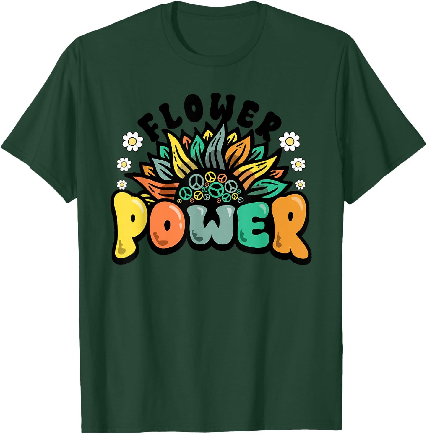 Flower Power Peace Symbol Sunflower Retro 60s 70s T-Shirt - T-Shirt | Forest