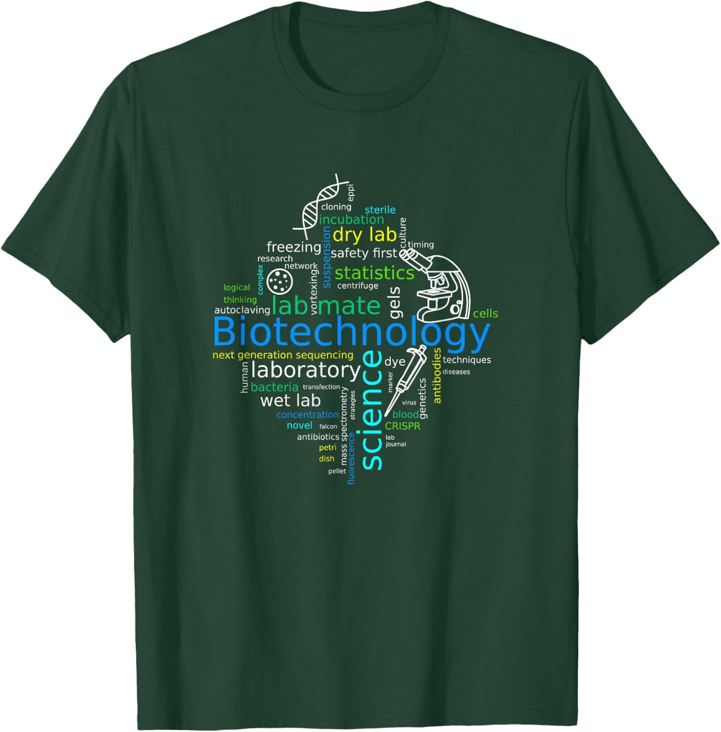 Word cloud biotech with microscope, pipette and dna T-Shirt - T-Shirt | Forest