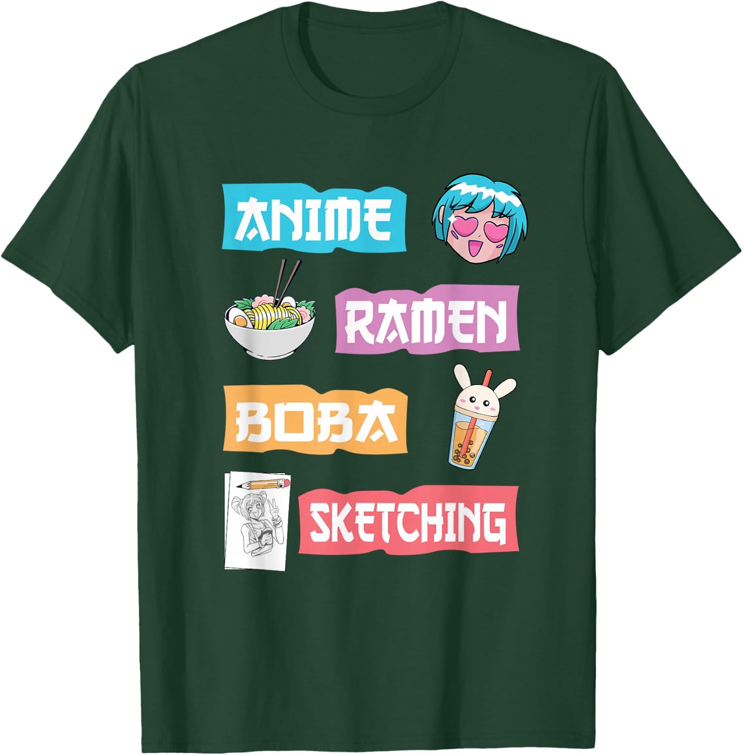 Anime Ramen Boba Sketching - Kawaii Anime Lover Merch Gift Small T-Shirt - T-Shirt | Forest