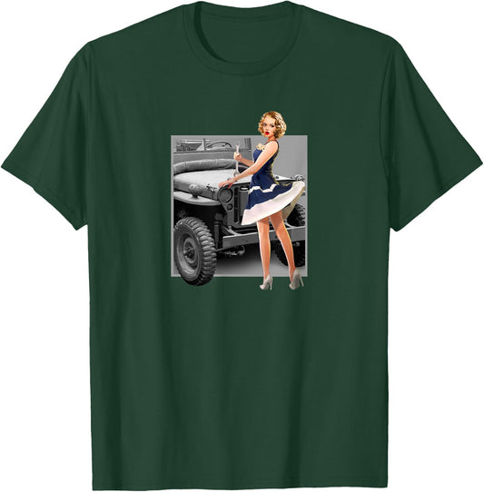 Pin up Girls Willys MB WW2 Poster Vintage T-Shirt - T-Shirt | Forest