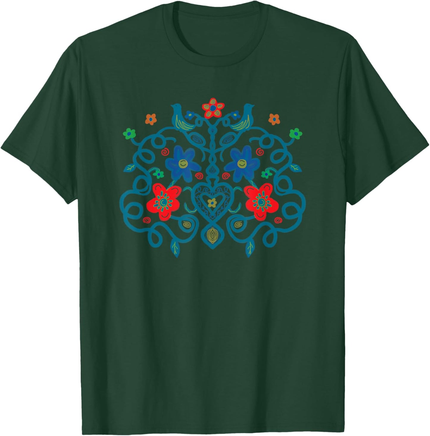 Swedish Folk Art Style Painting Birds Vines Flowers Hearts T-Shirt - T-Shirt | Forest