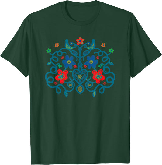 Swedish Folk Art Style Painting Birds Vines Flowers Hearts T-Shirt - T-Shirt | Forest