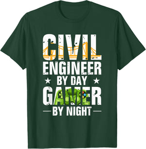Funny Civil Engineer By Day Gamer By Night Engineering T-Shirt - T-Shirt | Forest