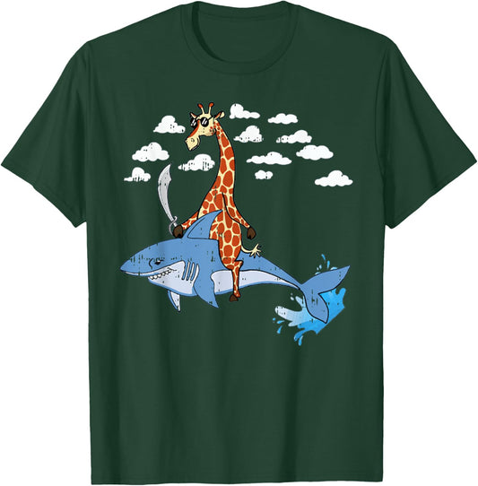 Giraffe Pirate Riding Shark Sword Cute Animal Halloween Gift T-Shirt - T-Shirt | Forest