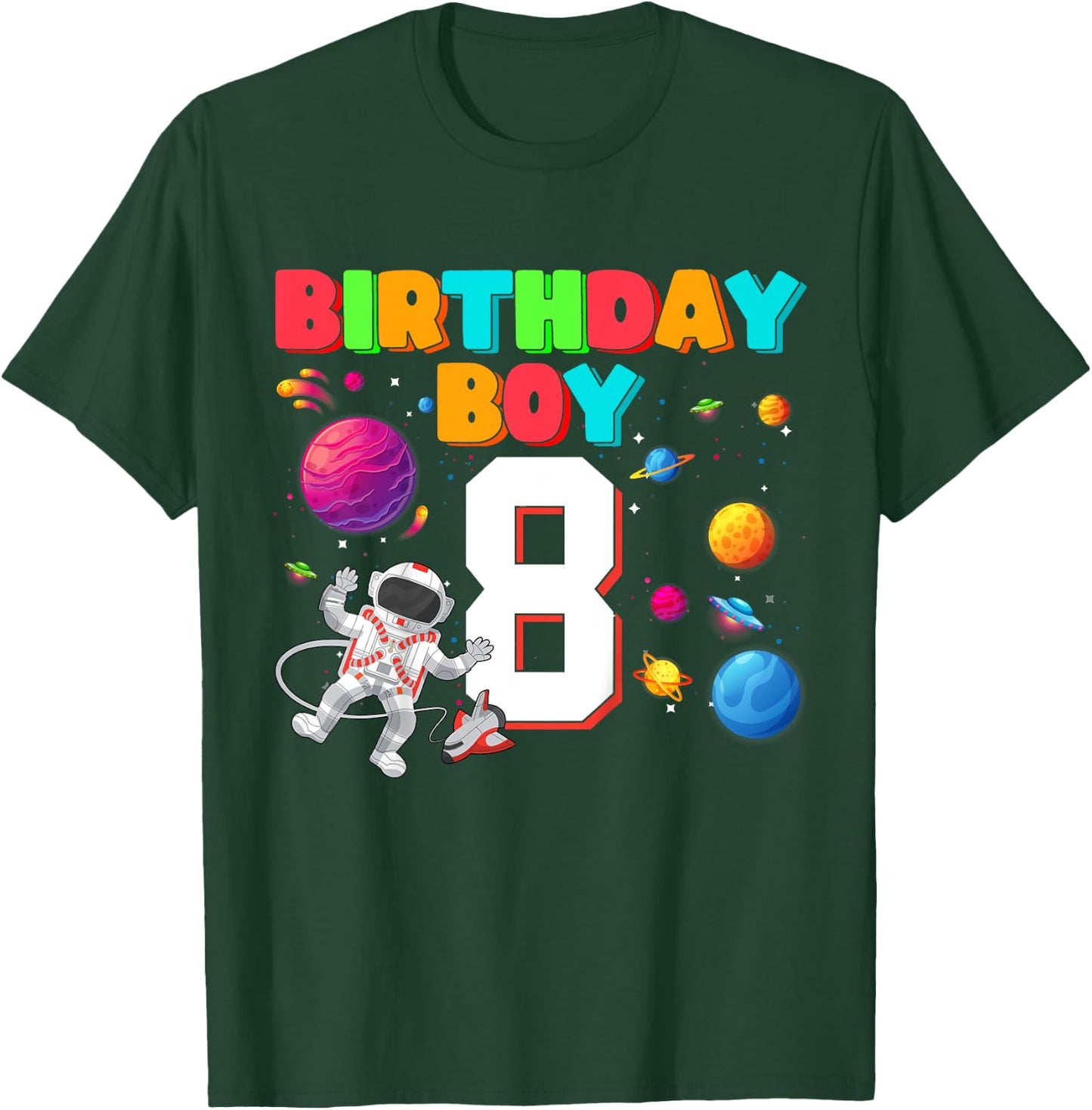 8th Birthday Astronaut Space Planets 8 Years Old Boys T-Shirt - T-Shirt | Forest