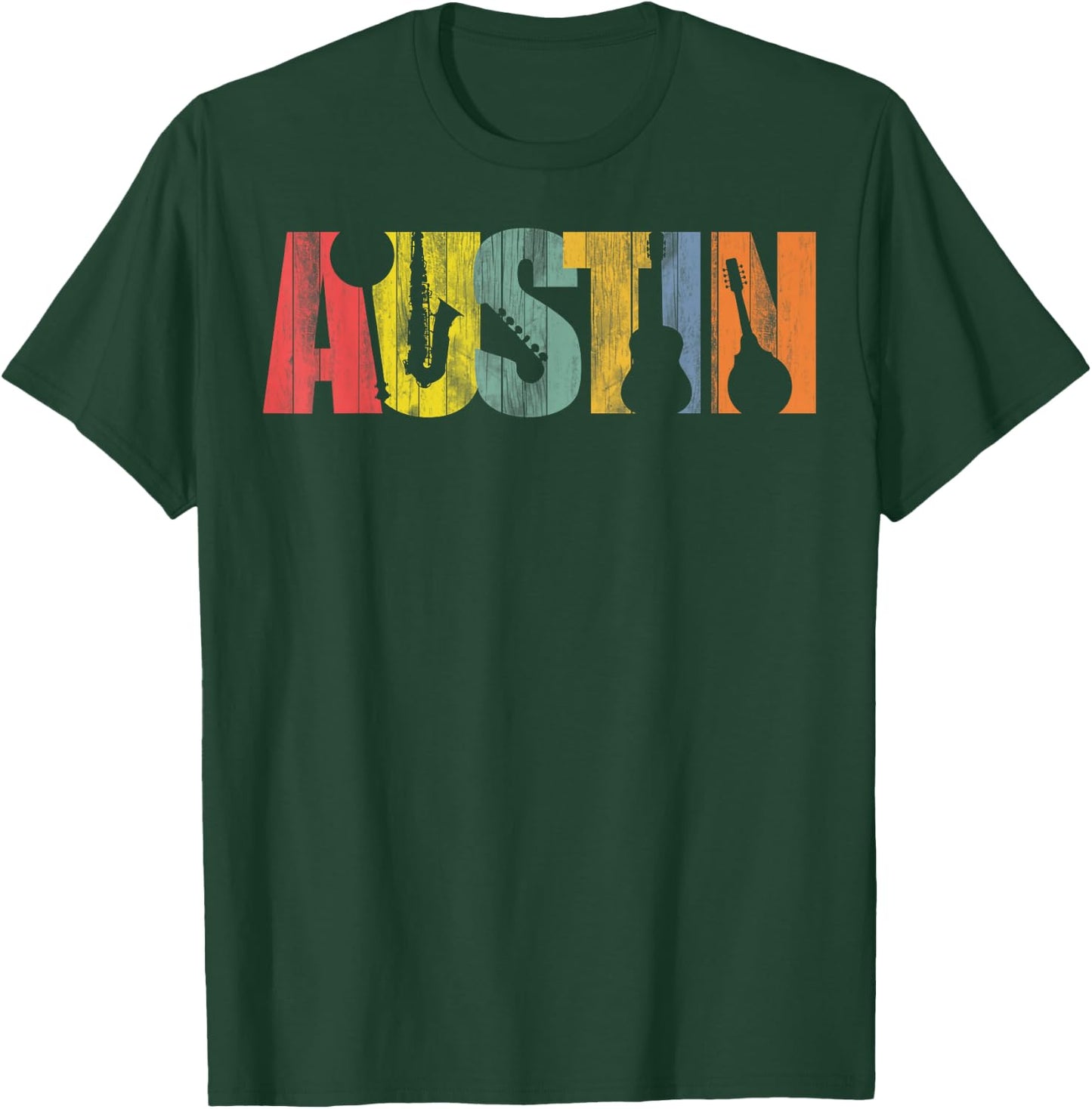 Austin Texas Distressed Vintage Musical Instrument Design T-Shirt - T-Shirt | Forest