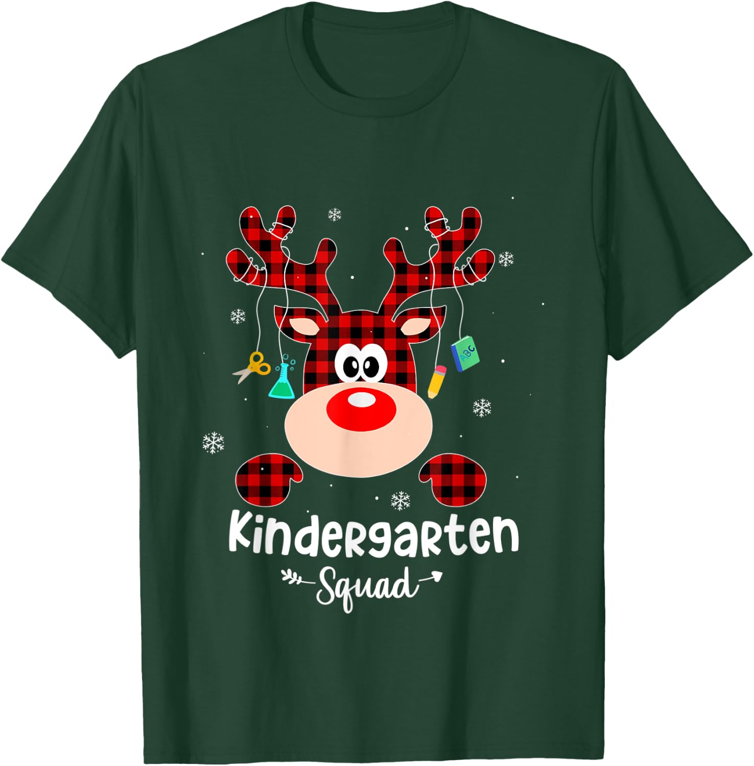 Kindergarten Squad Cute Red Plaid Reindeer Teacher Christmas T-Shirt - T-Shirt | Forest