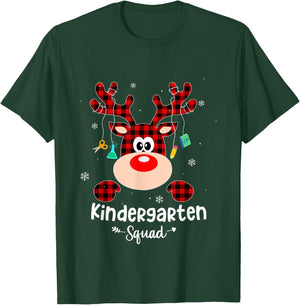 Kindergarten Squad Cute Red Plaid Reindeer Teacher Christmas T-Shirt - T-Shirt | Forest