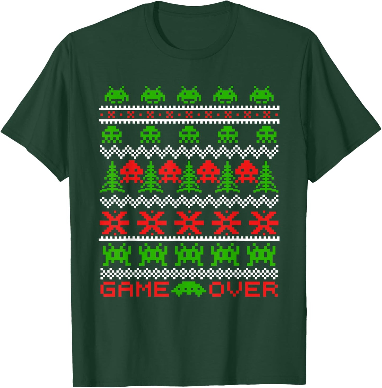 8-bit 80s Space Alien Invaders Ugly Christmas Gamers Sweater T-Shirt - T-Shirt | Forest