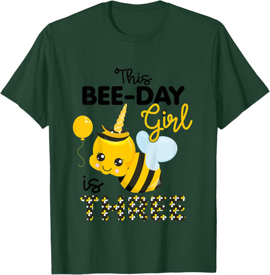 Kids 3rd Birthday Girl Bee Themed 3 Year Old Bday Matching Party T-Shirt - T-Shirt | Forest
