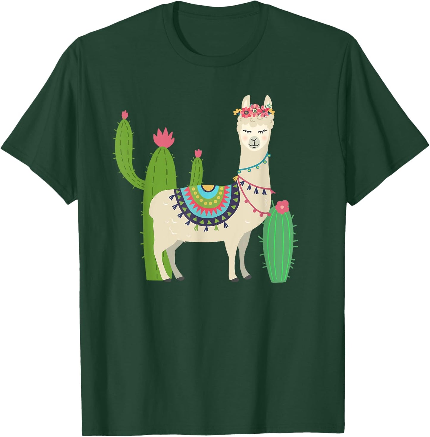 Cute Llama With Flower & Cactus / Llama Lover Gift T-Shirt - T-Shirt | Forest