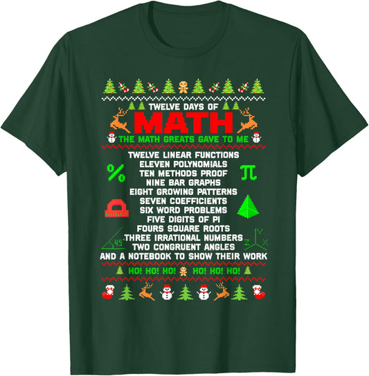 Twelve Days Of Math Teacher Students Ugly Sweater Christmas Men Women Kids T-Shirt - T-Shirt | Forest