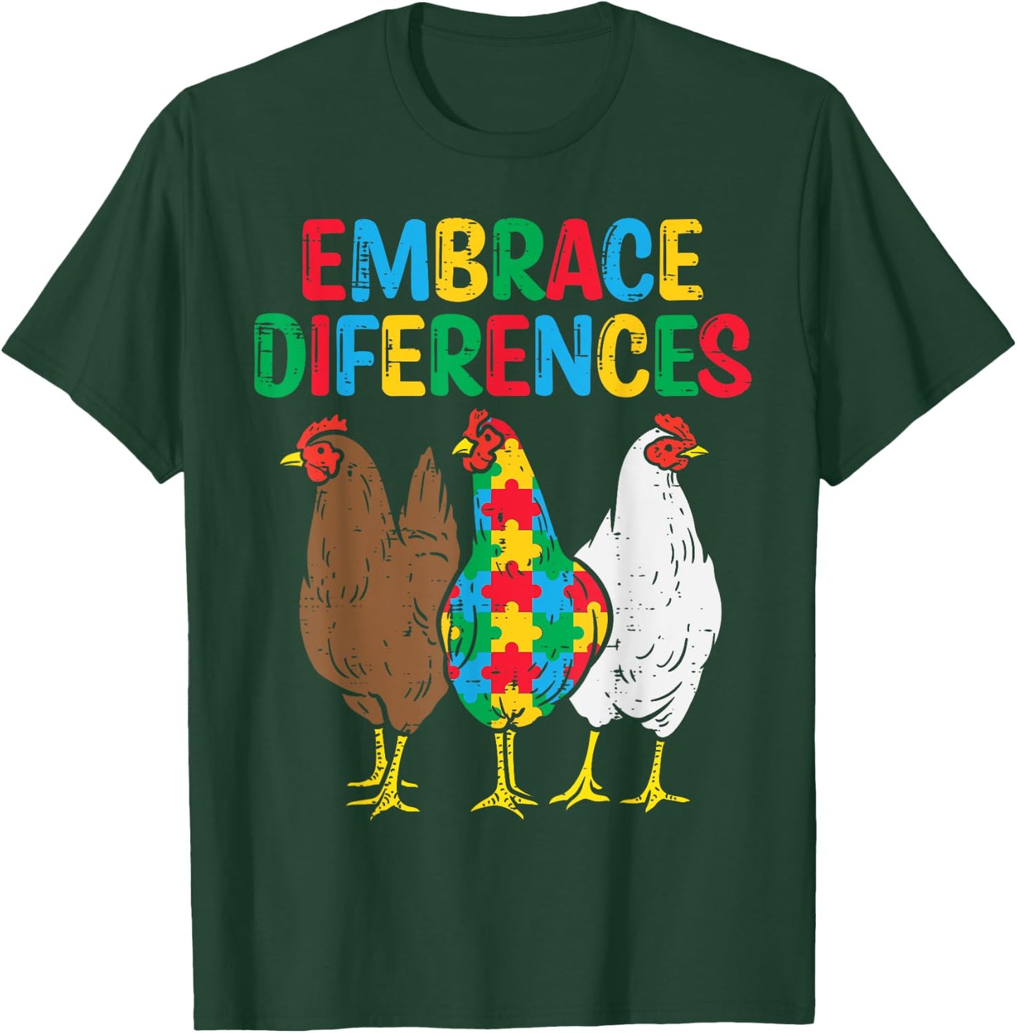 Embrace Differences Chicken Puzzle Autism Awareness Animal T-Shirt - T-Shirt | Forest