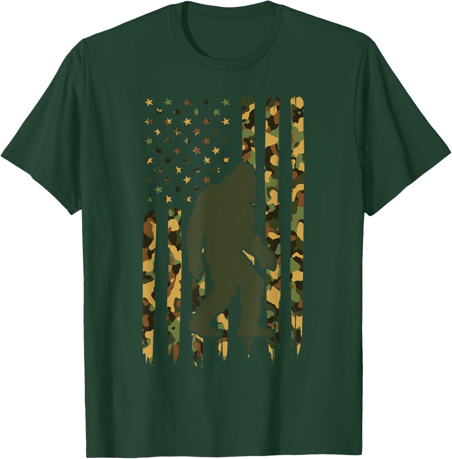 Camo Big Foot Sasquatch - Vintage Bigfoot American Flag T-Shirt - T-Shirt | Forest