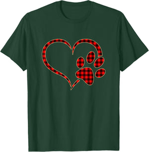 Red Plaid Dog Paw Print Heart Buffalo Matching Pajamas T-Shirt - T-Shirt | Forest