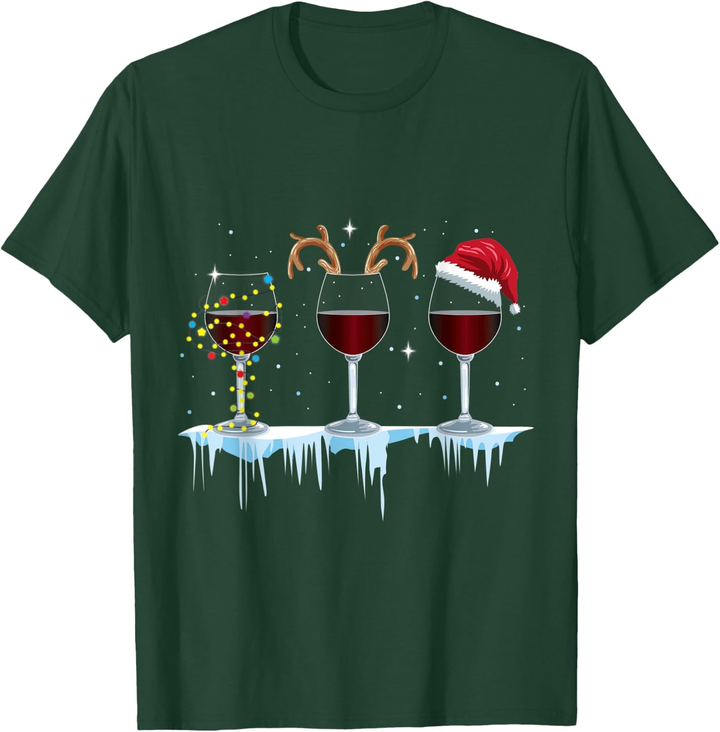 Wine Glasses with Reindeer and Santa and Christmas Lights T-Shirt - T-Shirt | Forest