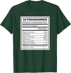 C# Programmer Nutritional Facts Programming Coding T-Shirt - T-Shirt | Forest