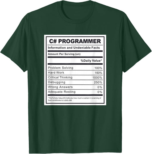 C# Programmer Nutritional Facts Programming Coding T-Shirt - T-Shirt | Forest