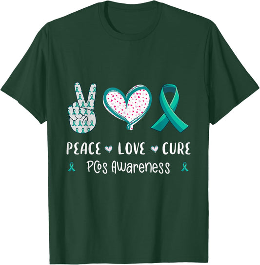 Peace Love cure Pcos awareness men women kids Pcos syndrome T-Shirt - T-Shirt | Forest