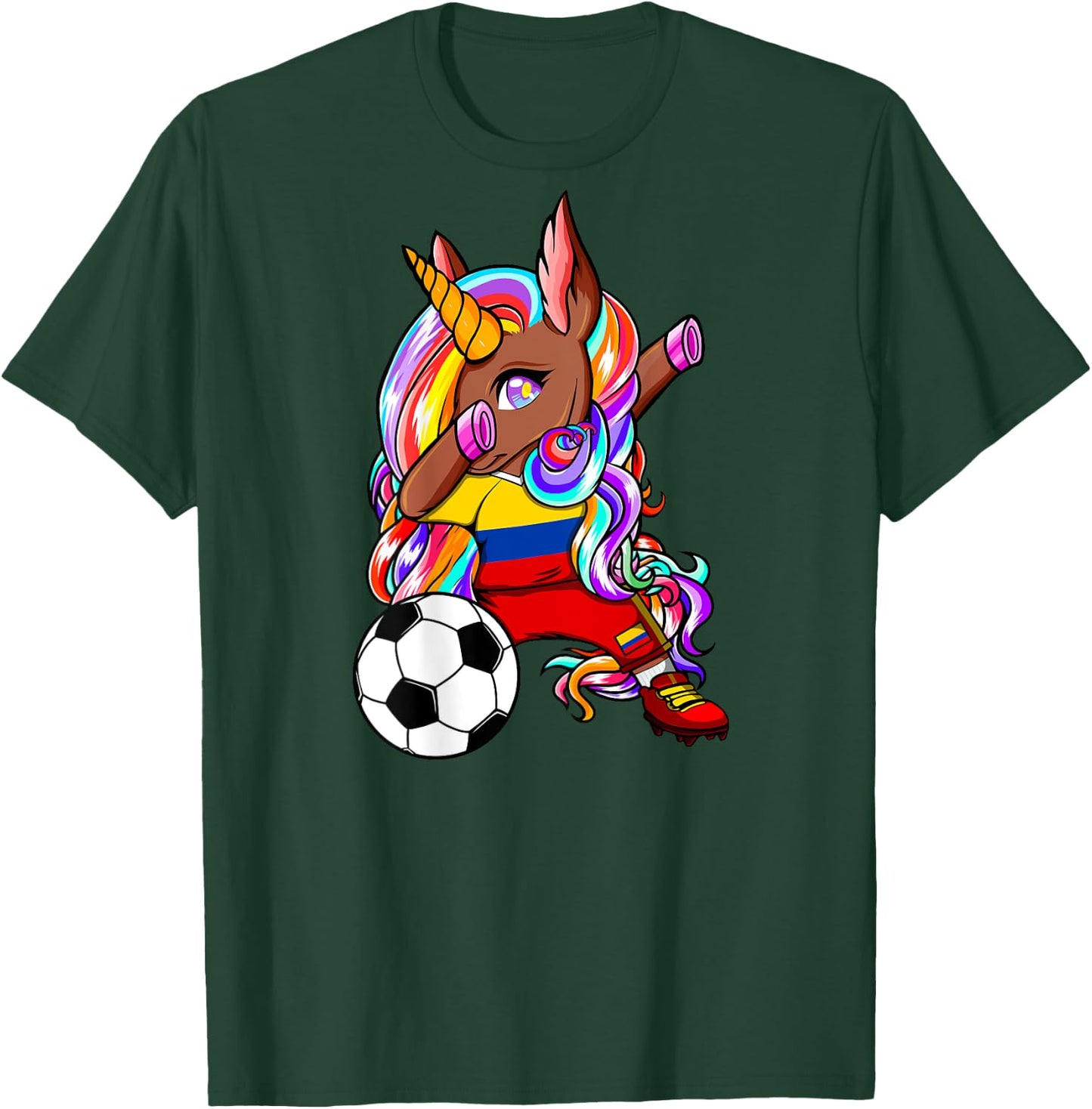 Dabbing Brown Skin Unicorn Colombia Soccer Lovers Football T-Shirt - T-Shirt | Forest