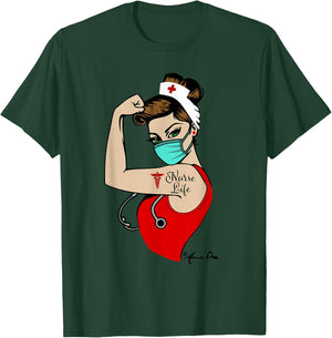 NURSE LIFE Girl Power Pin Up Rosie Riveter Retro Vintage T-Shirt - T-Shirt | Forest