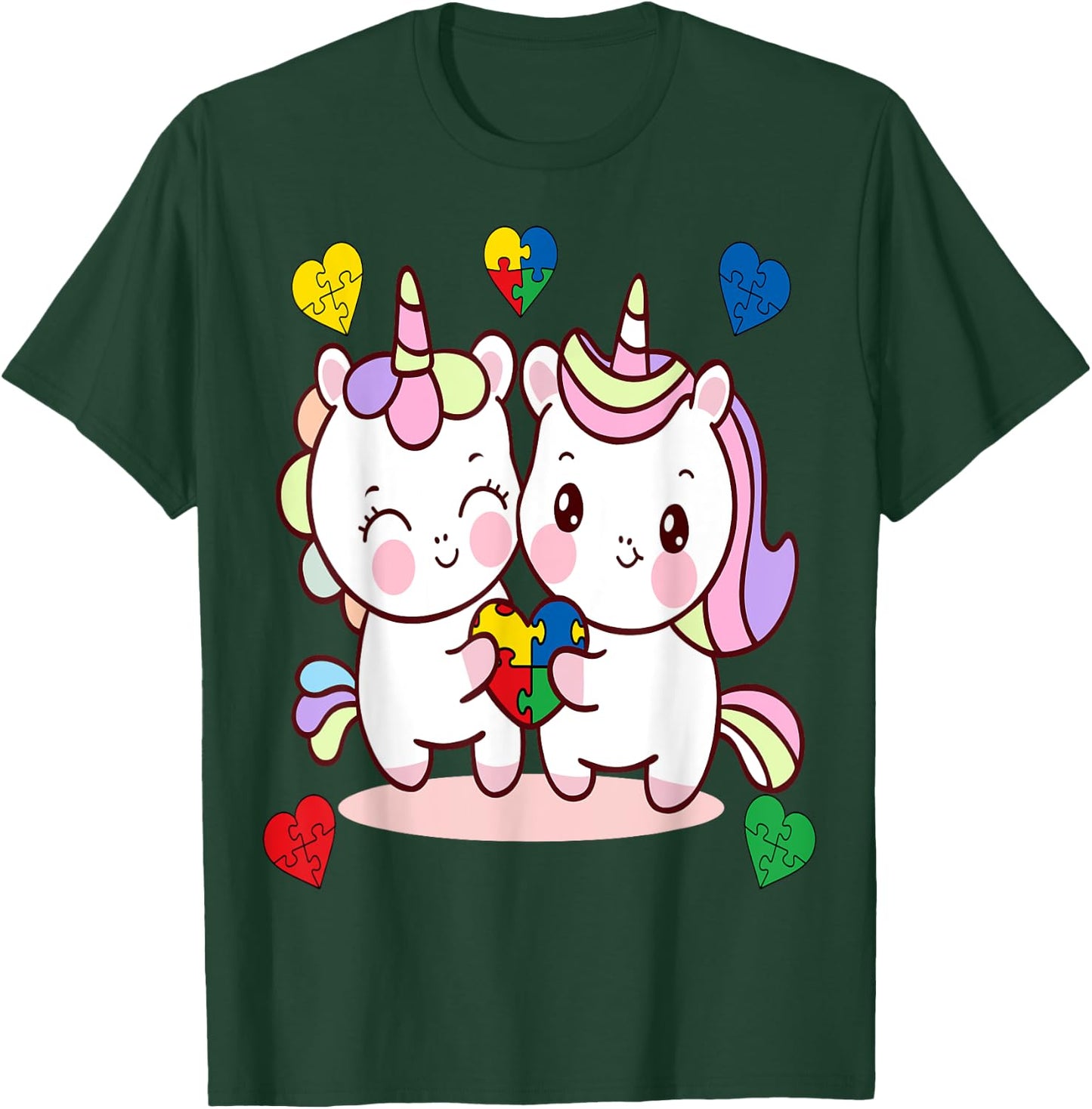 Unicorn Heart Puzzle Piece Autism Awareness Cute Girls T-Shirt - T-Shirt | Forest
