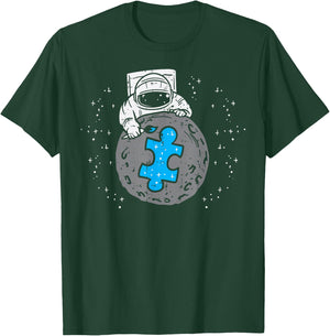 Astronaut Moon Blue Puzzle Piece Autism Awareness Boys Kids T-Shirt - T-Shirt | Forest