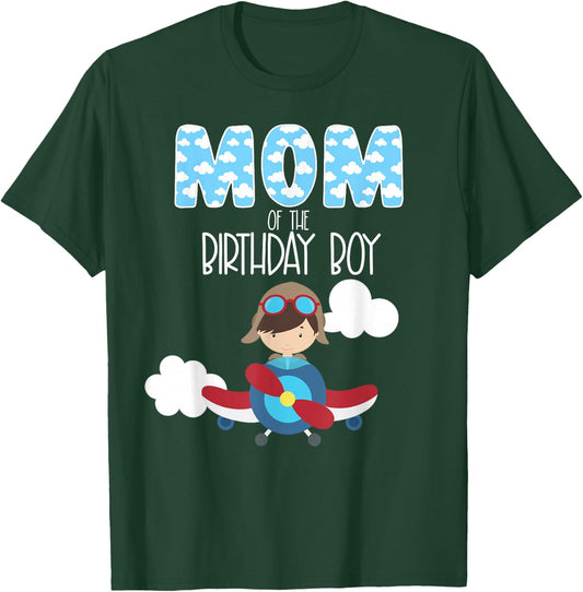 Mom Of The Birthday Boy Airplane Plane Pilot Flying Family T-Shirt - T-Shirt | Forest