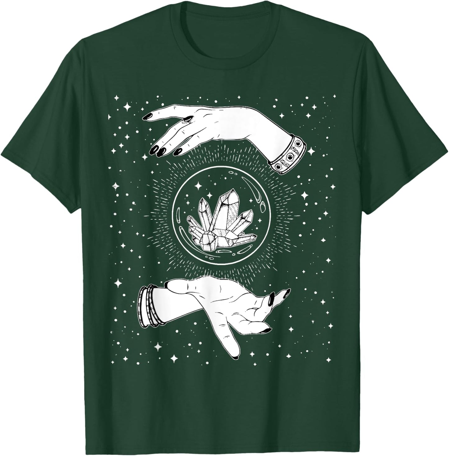 Retro Vintage Witchy Crystal Ball Witch Hands & Stars Black T-Shirt - T-Shirt | Forest