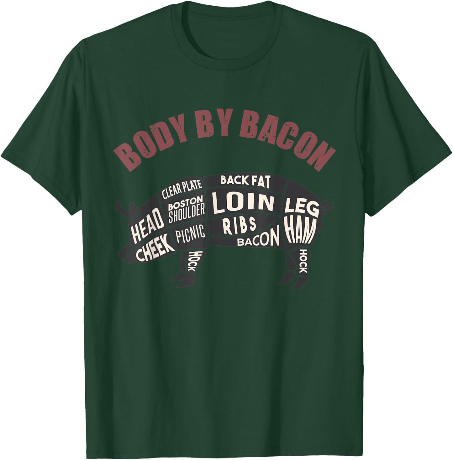 Body By Bacon Funny Parts of Pork on the Pigs Body Apparel T-Shirt - T-Shirt | Forest